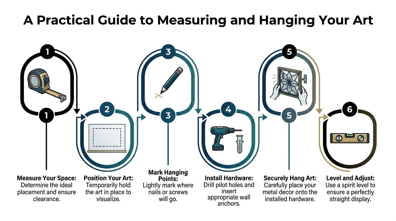 An infographic illustrating six easy steps to accurately measure and hang metal wall art decor.