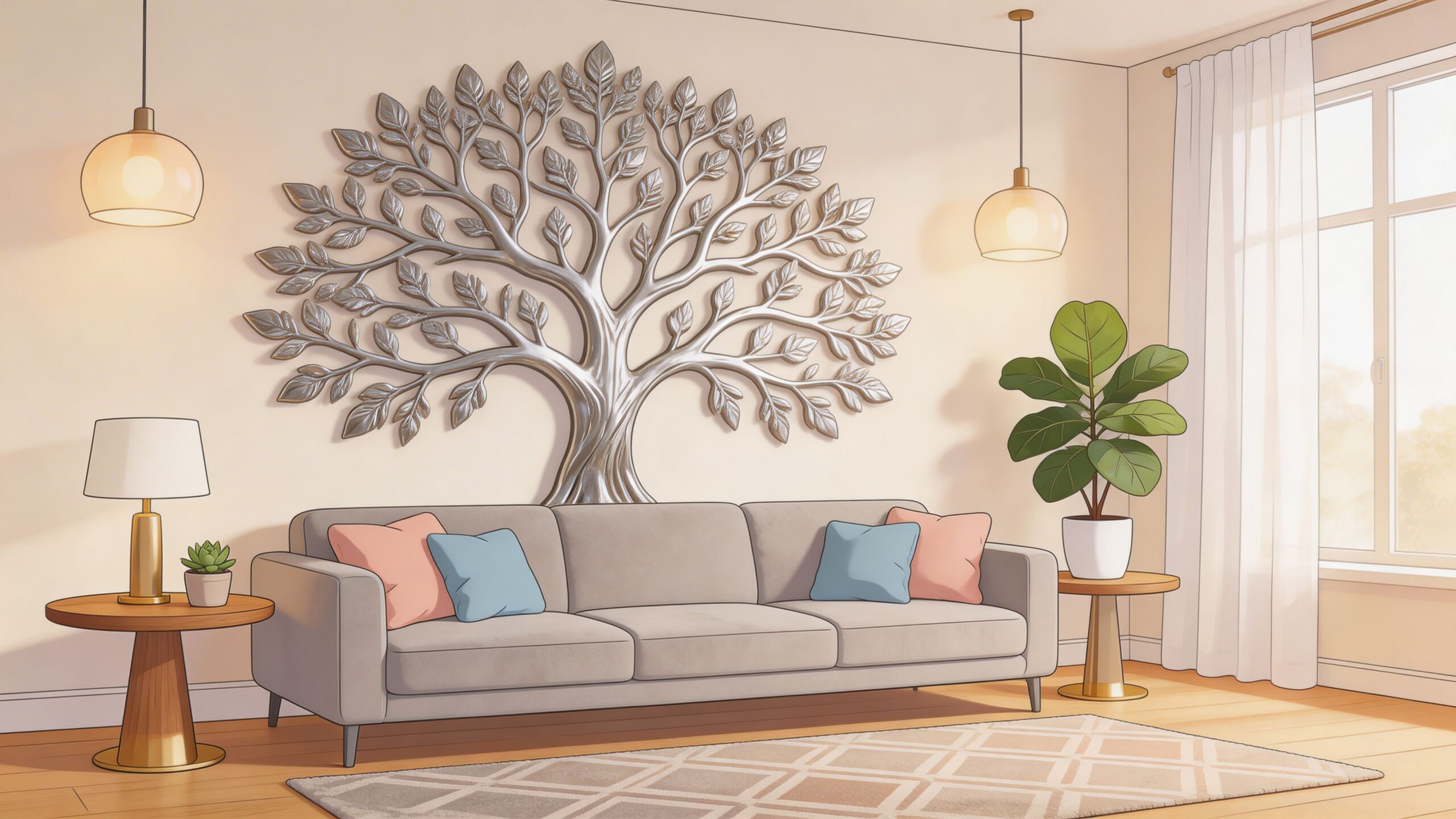 A modern living room featuring a large silver metal tree wall art sculpture above a grey sofa.