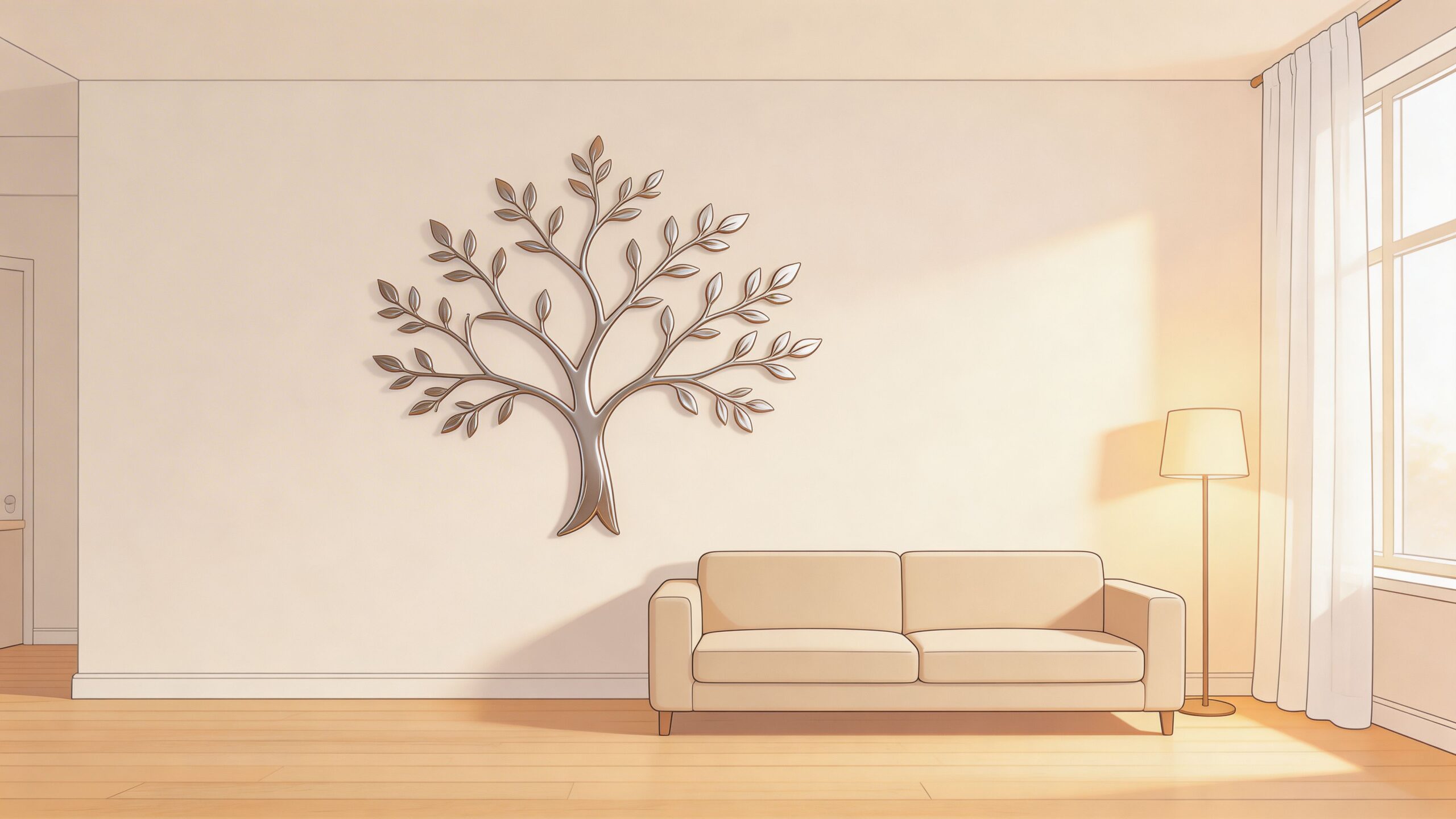 A modern living room featuring a metal tree wall art piece hung above a beige sofa