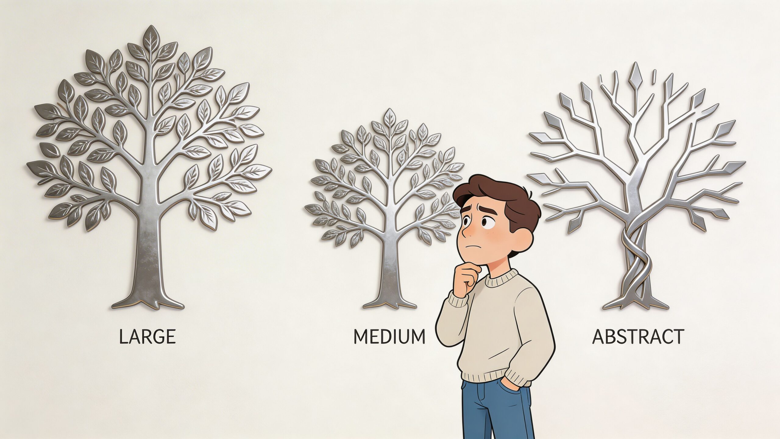 A thoughtful young man standing next to three different metal tree wall decor designs on a wall.