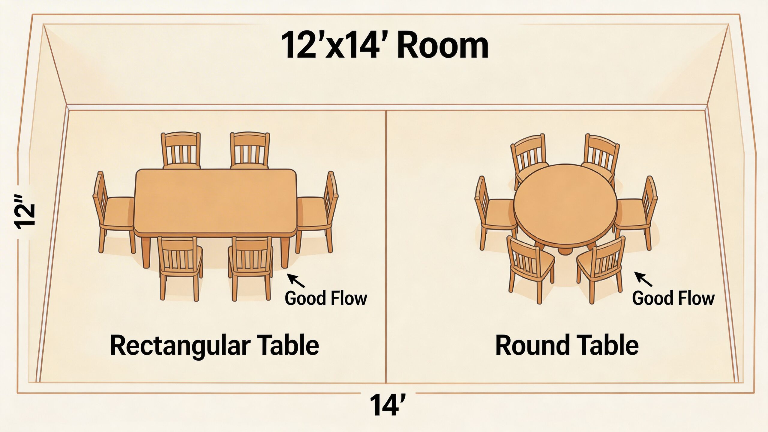 A diagram comparing a rectangular dining table and a round dining table in a 12 by 14 room.
