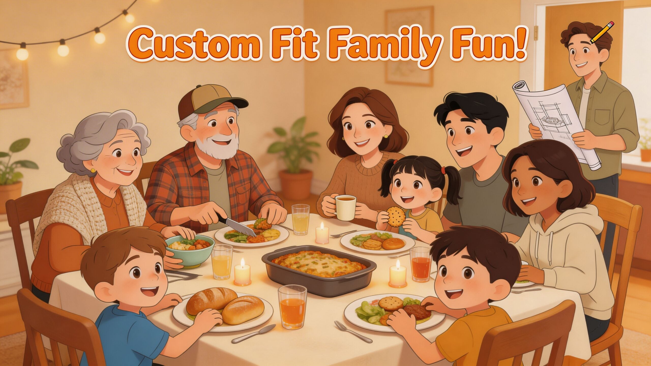 A happy multi-generational family enjoys a cozy dinner together around a large dining table at home.