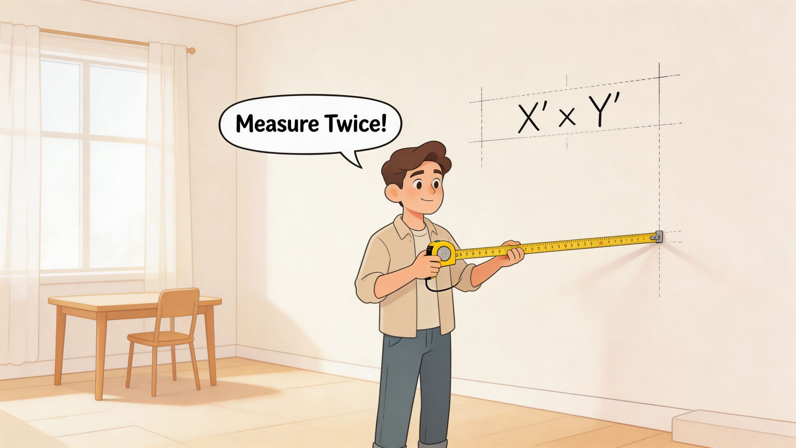 A young man holding a tape measure against a wall with a diagram showing measurements for furniture.