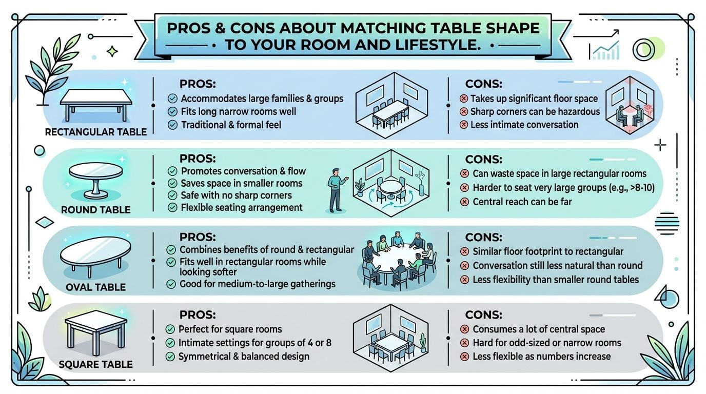 An infographic comparing the pros and cons of rectangular, round, oval, and square dining table shapes.