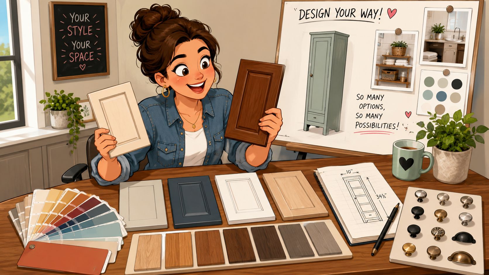 A designer holding cabinet samples in a creative studio filled with color swatches and interior design materials.