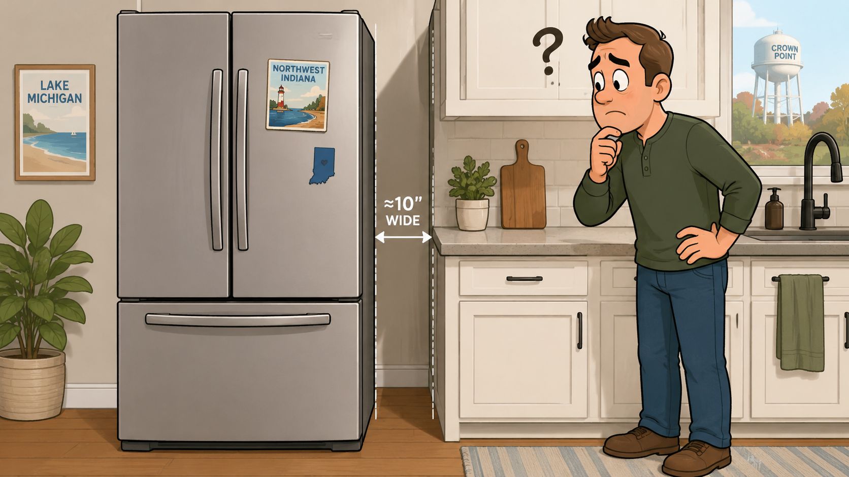 A man looking confused at a kitchen space with a ten inch wide gap beside the refrigerator.