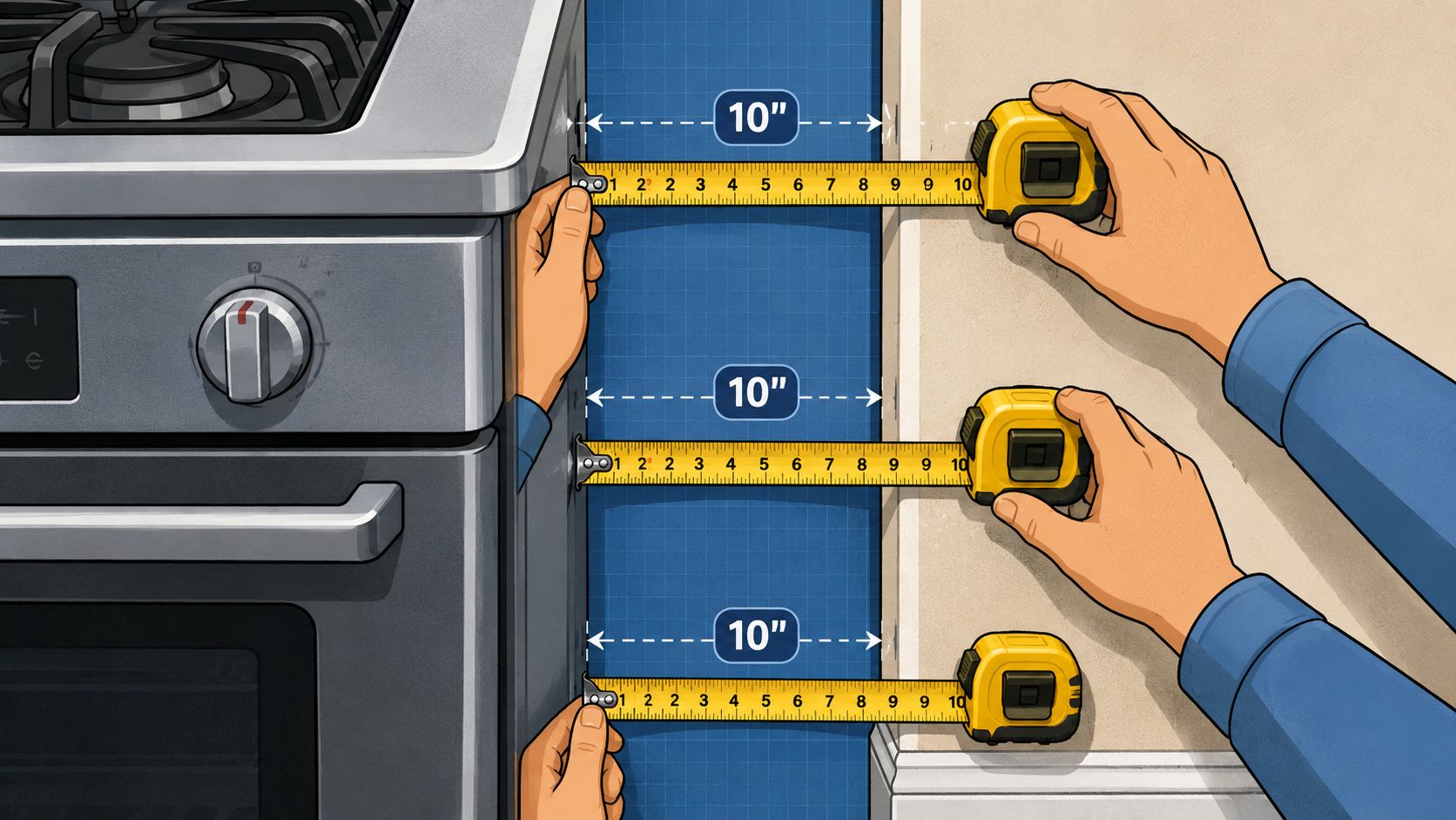 A diagram demonstrating how to measure a ten inch wide gap between a stove and a wall.