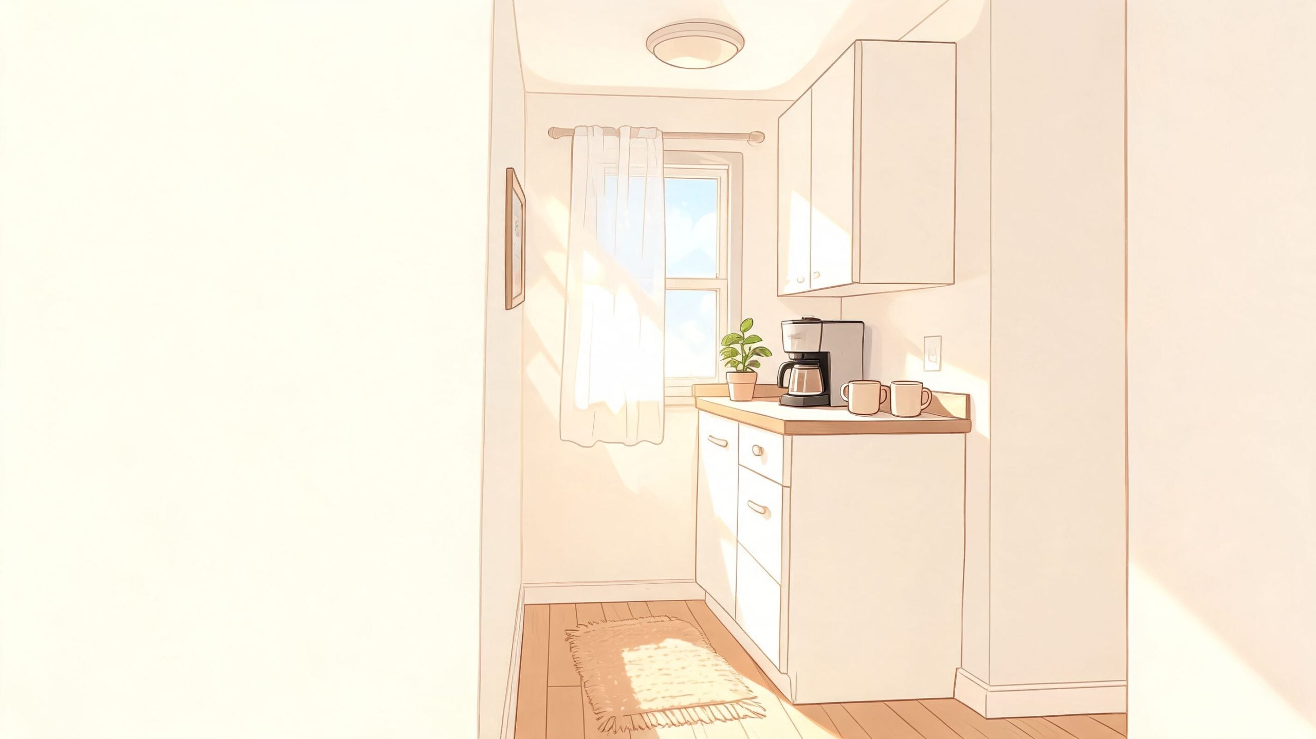 A cozy, sunlit kitchen nook featuring white cabinets, a coffee maker, and a window with curtains.