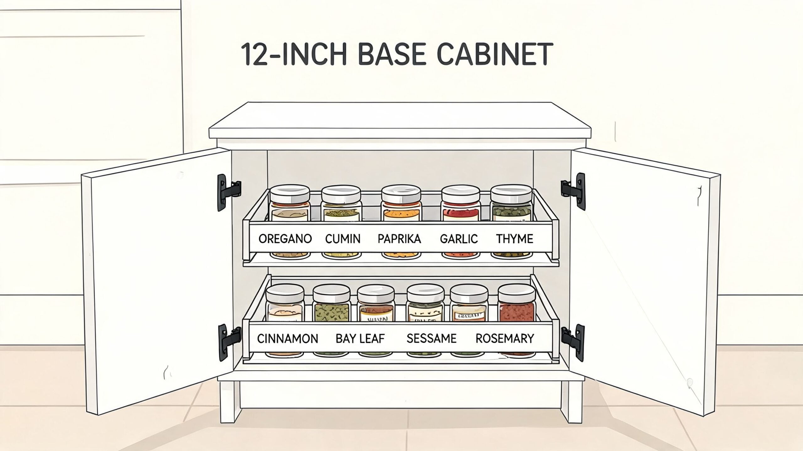 A 12-inch kitchen base cabinet featuring two pull-out shelves organized with various labeled spice jars.