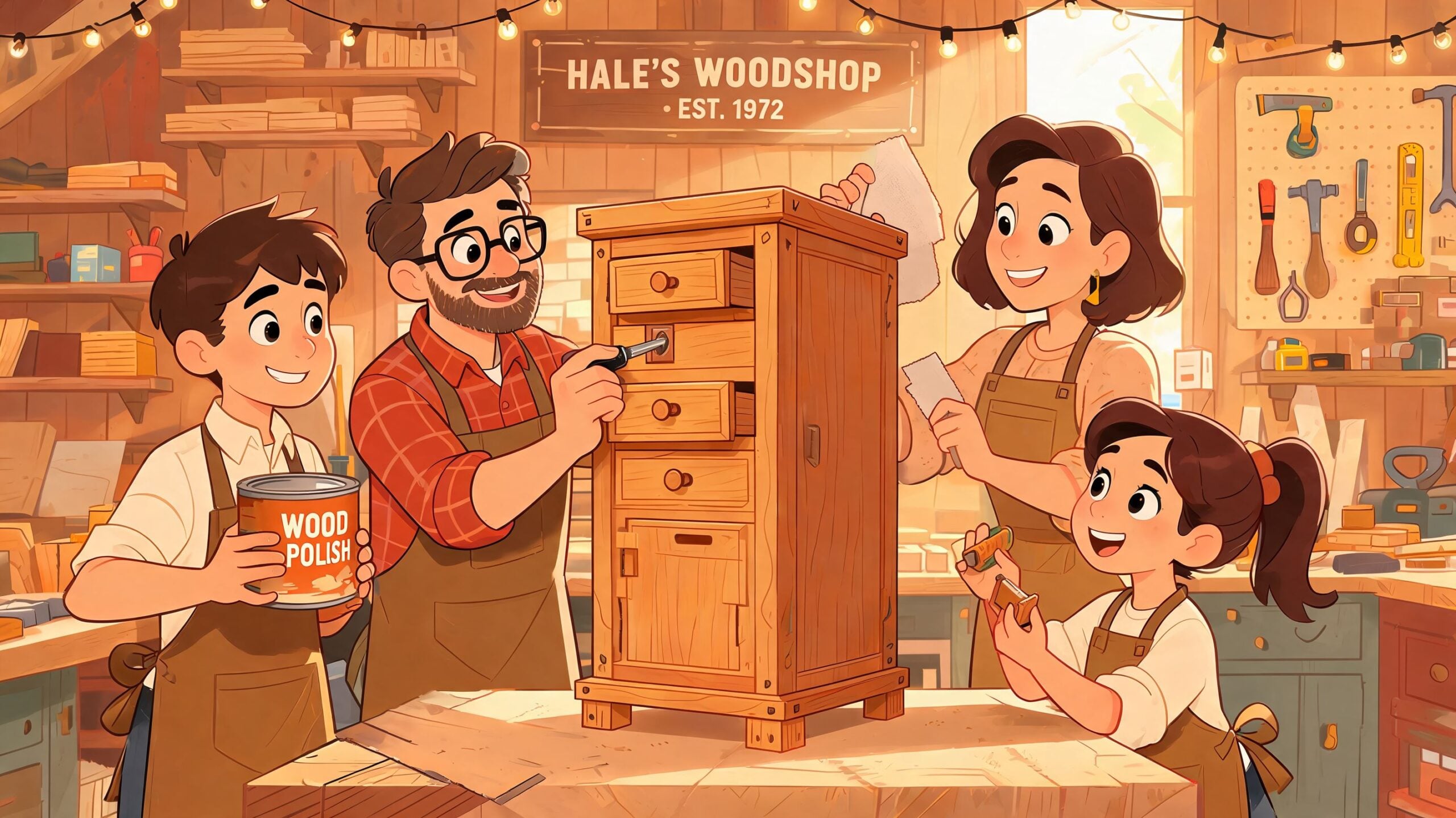 A happy family working together on a wooden 12 inch cabinet in a warm, cozy woodworking shop.