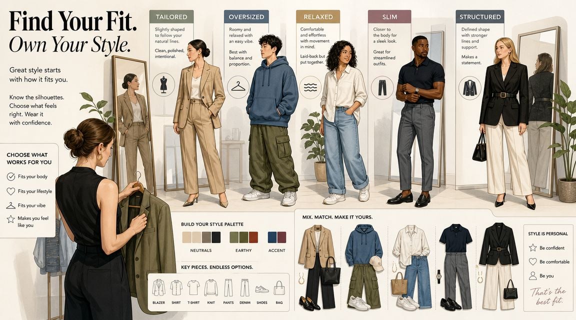 A fashion guide infographic illustrating five different clothing fits including tailored, oversized, relaxed, slim, and structured styles.
