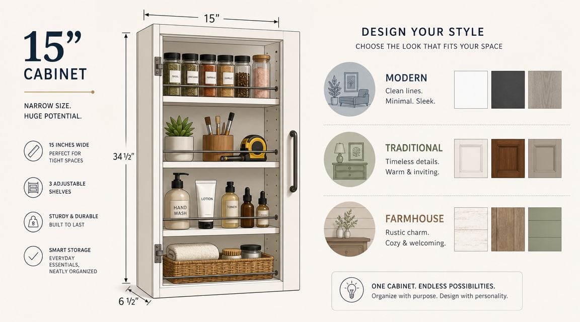 A 15-inch wide wall-mounted storage cabinet displaying shelves with organized toiletries and spices with various style options.