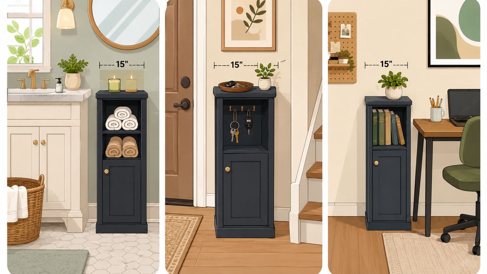A 15 inch wide dark navy storage cabinet displayed in a bathroom, entryway, and home office setting.