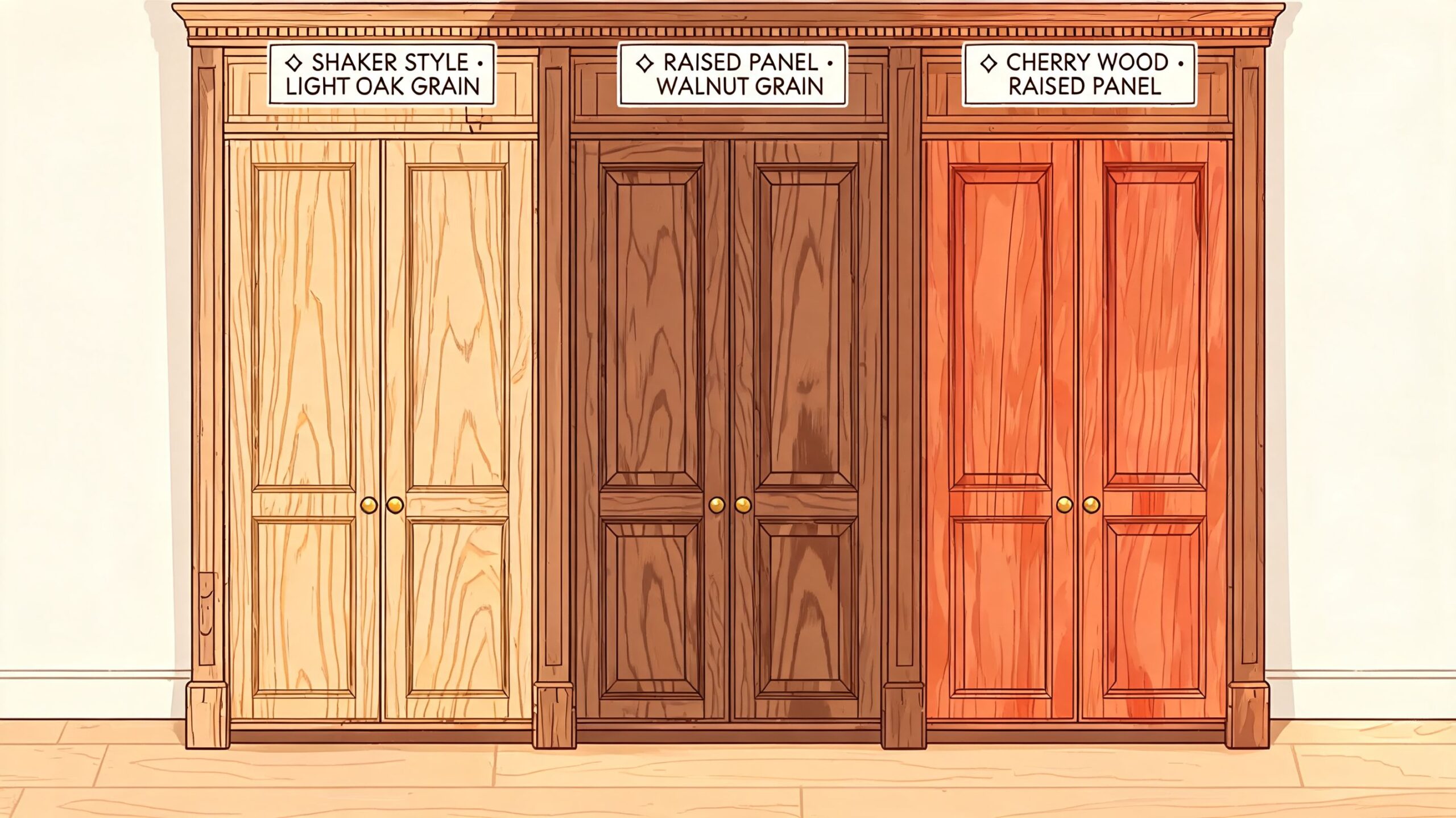 A side-by-side comparison of three different cabinet styles and wood finishes for kitchen interior design.
