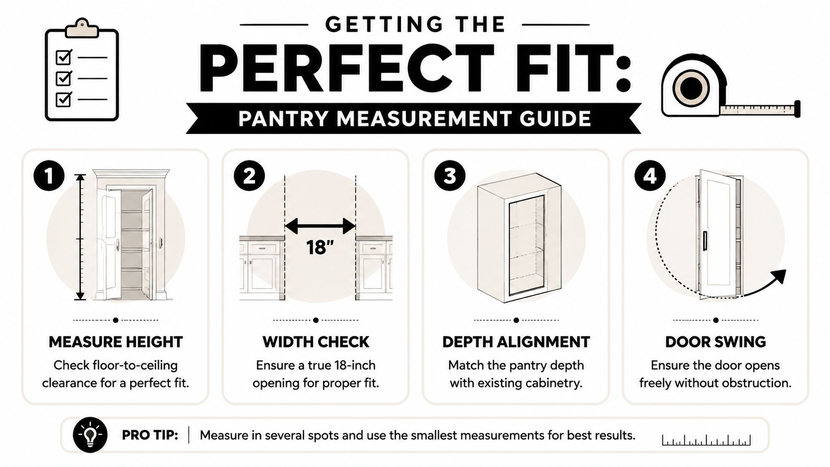 A four-step instructional guide on how to measure a space for an 18-inch pantry cabinet installation.