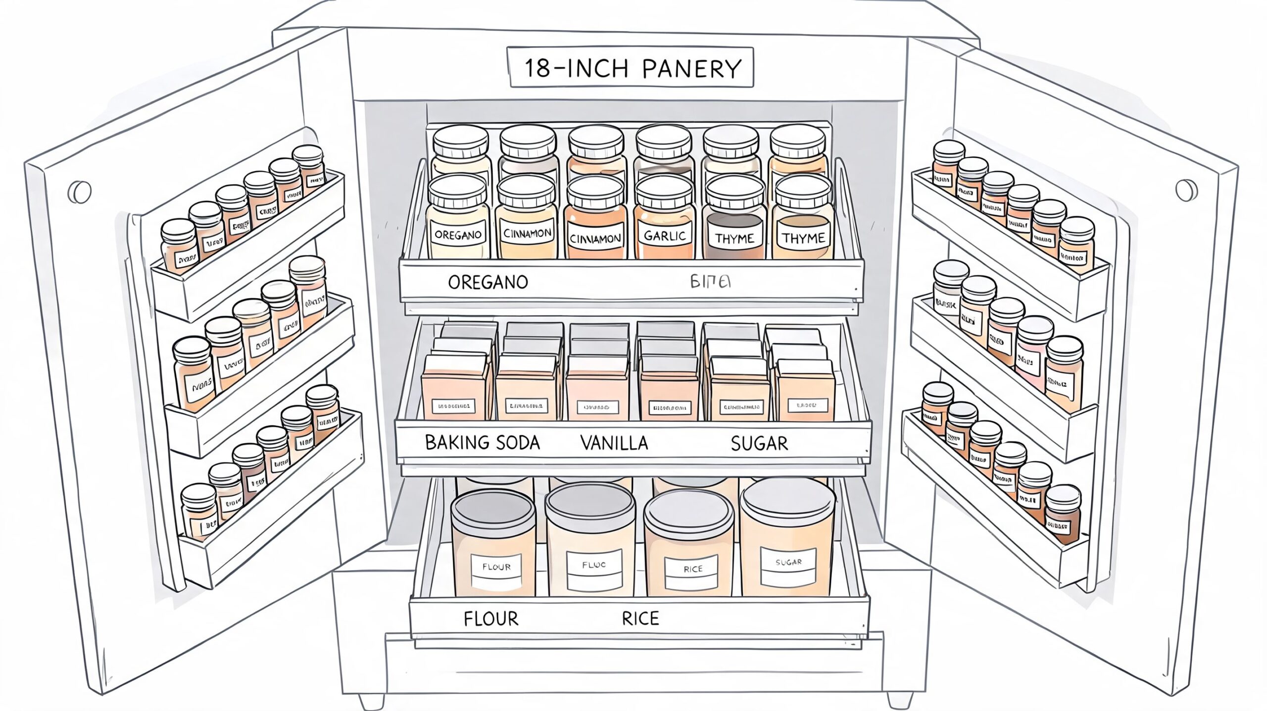 A hand-drawn illustration of an 18-inch pantry cabinet filled with neatly organized jars, spices, and baking ingredients.