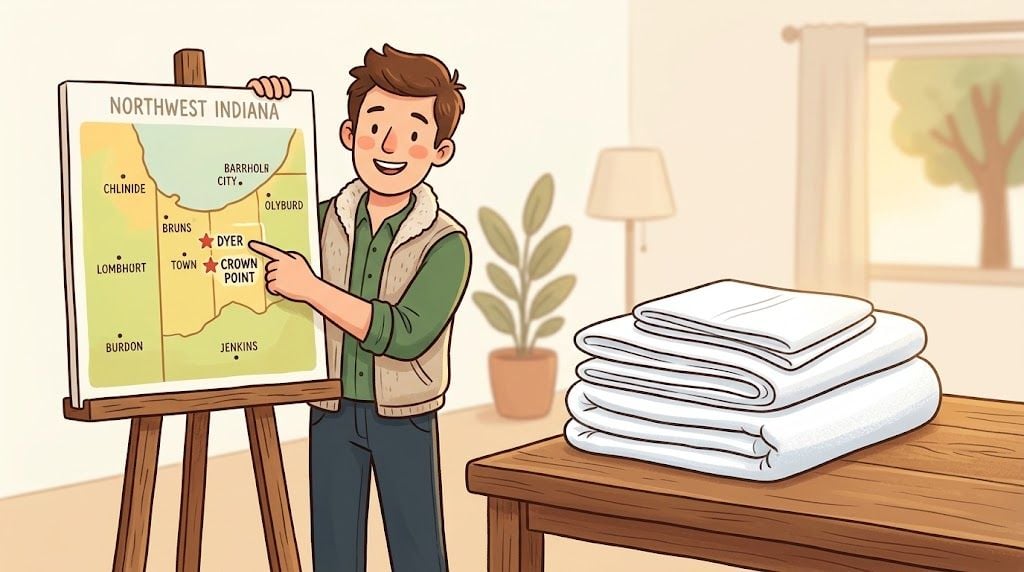 A man pointing at a map of Northwest Indiana next to a stack of folded white sheets.