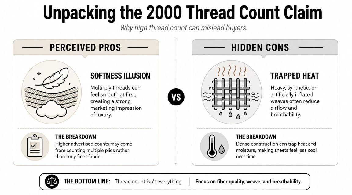 An infographic explaining why 2000 thread count claims on sheets can be misleading for consumers.
