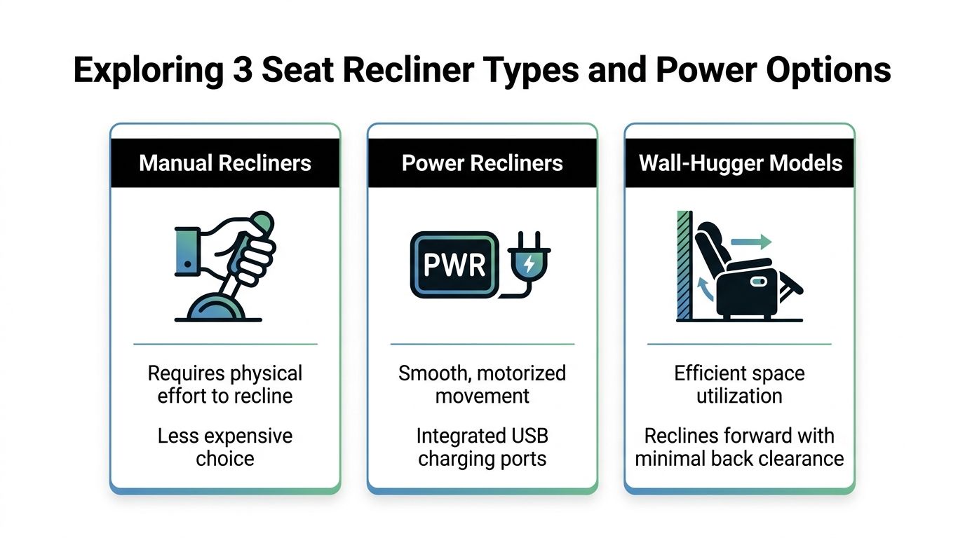 A comparison chart showing features of manual recliners, power recliners, and wall-hugger recliner models for home furniture.