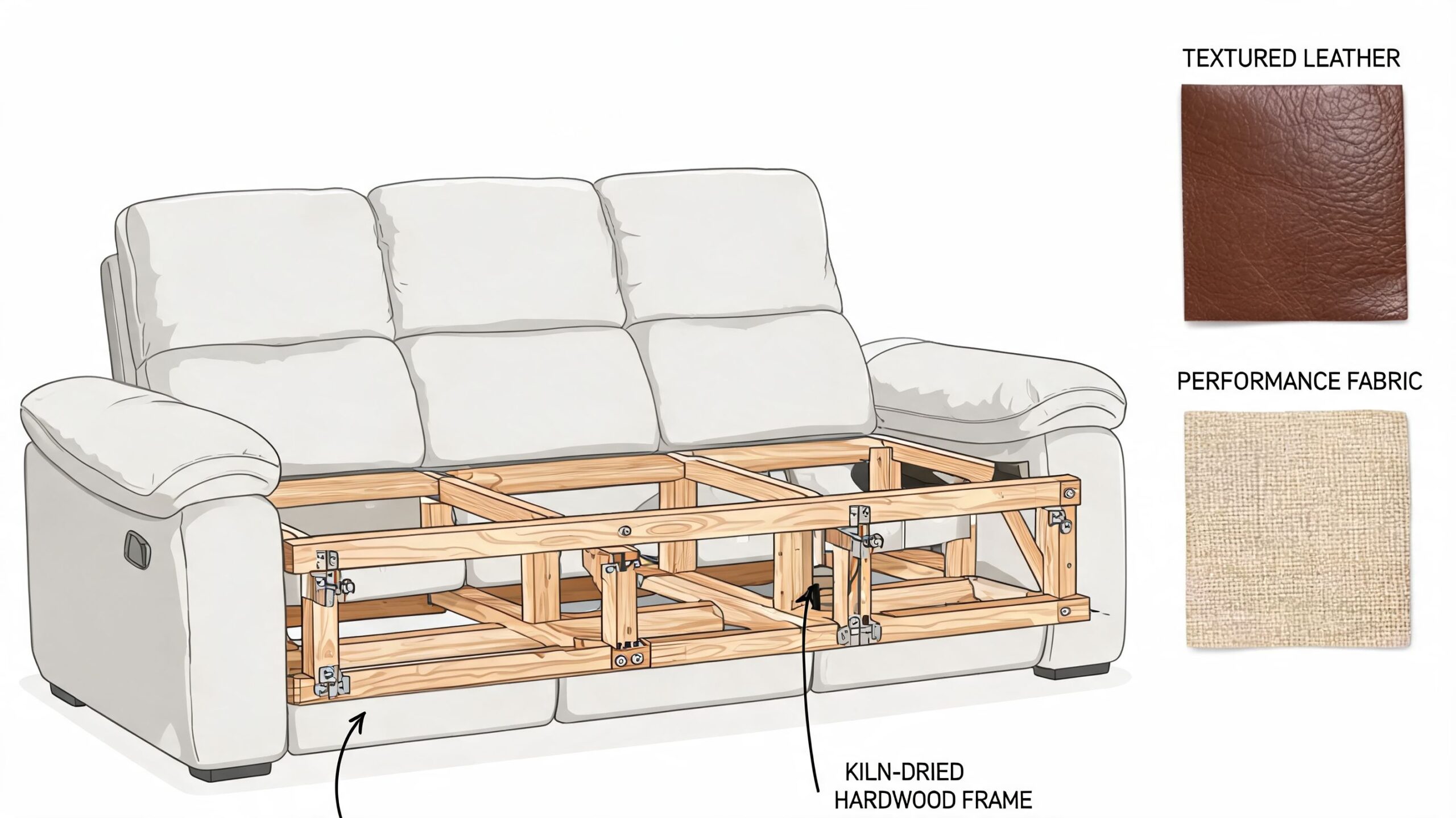 A diagram of a three-seat recliner sofa showing its internal wooden frame and two fabric options.