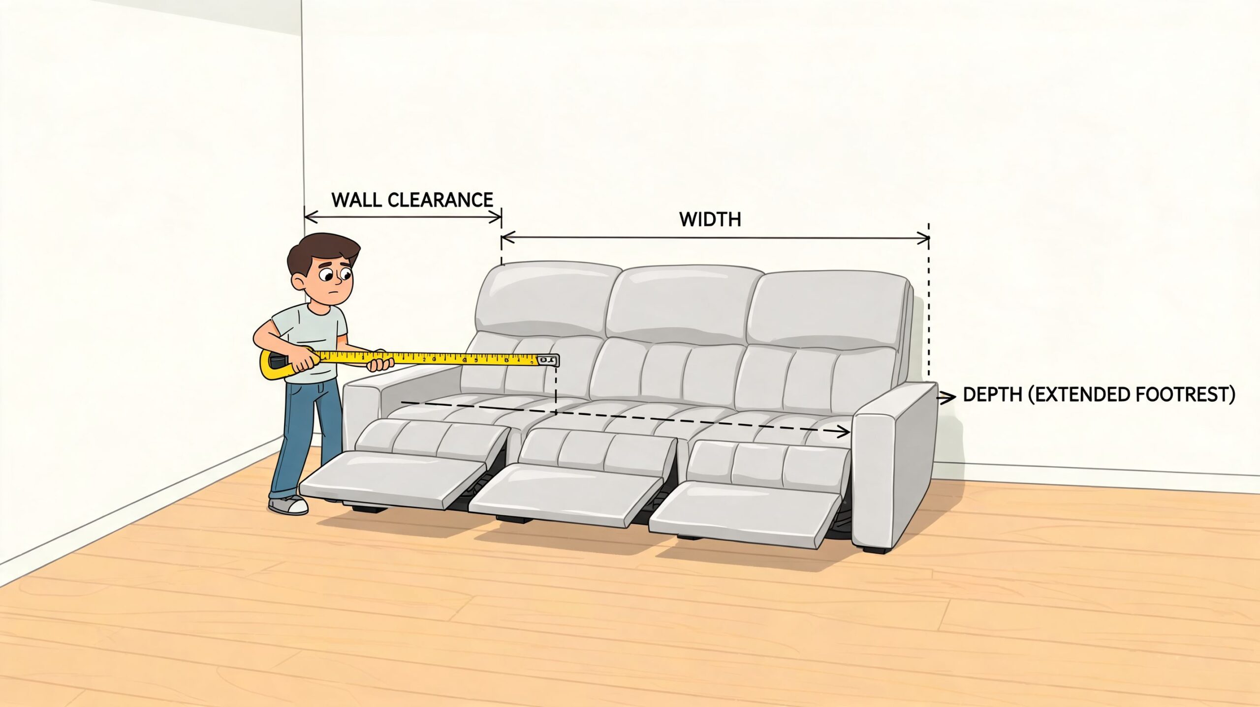 A person using a measuring tape to find the dimensions of a three-seat recliner sofa.
