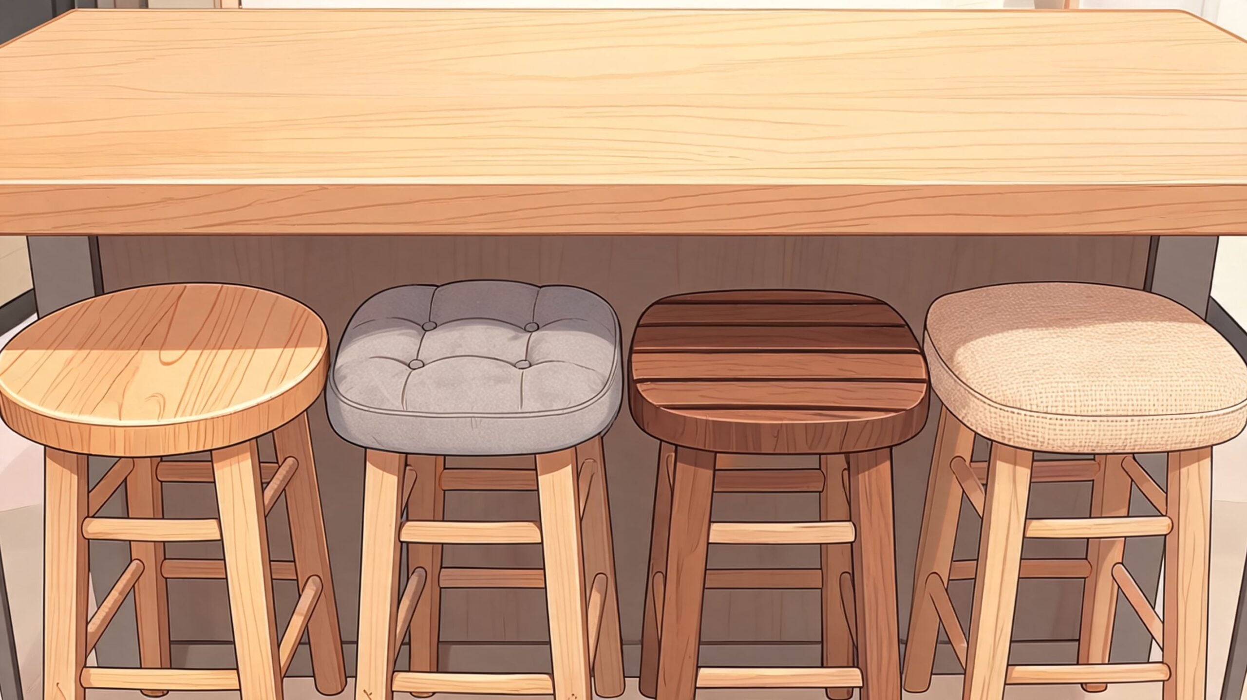 A line of four wooden and upholstered stools placed under a long modern wooden kitchen counter.