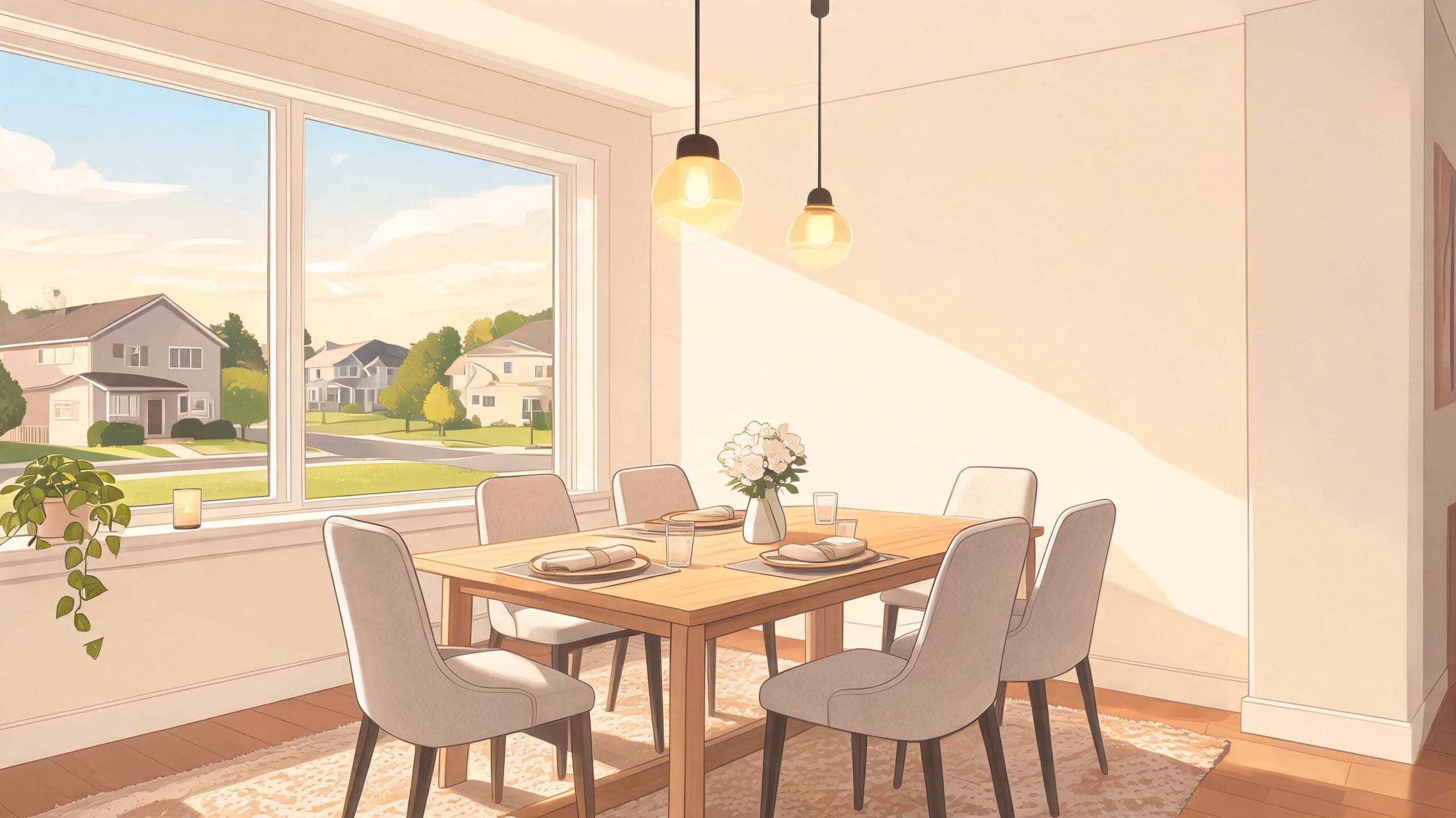 A brightly lit modern dining room with a wooden table, chairs, and a large window view.