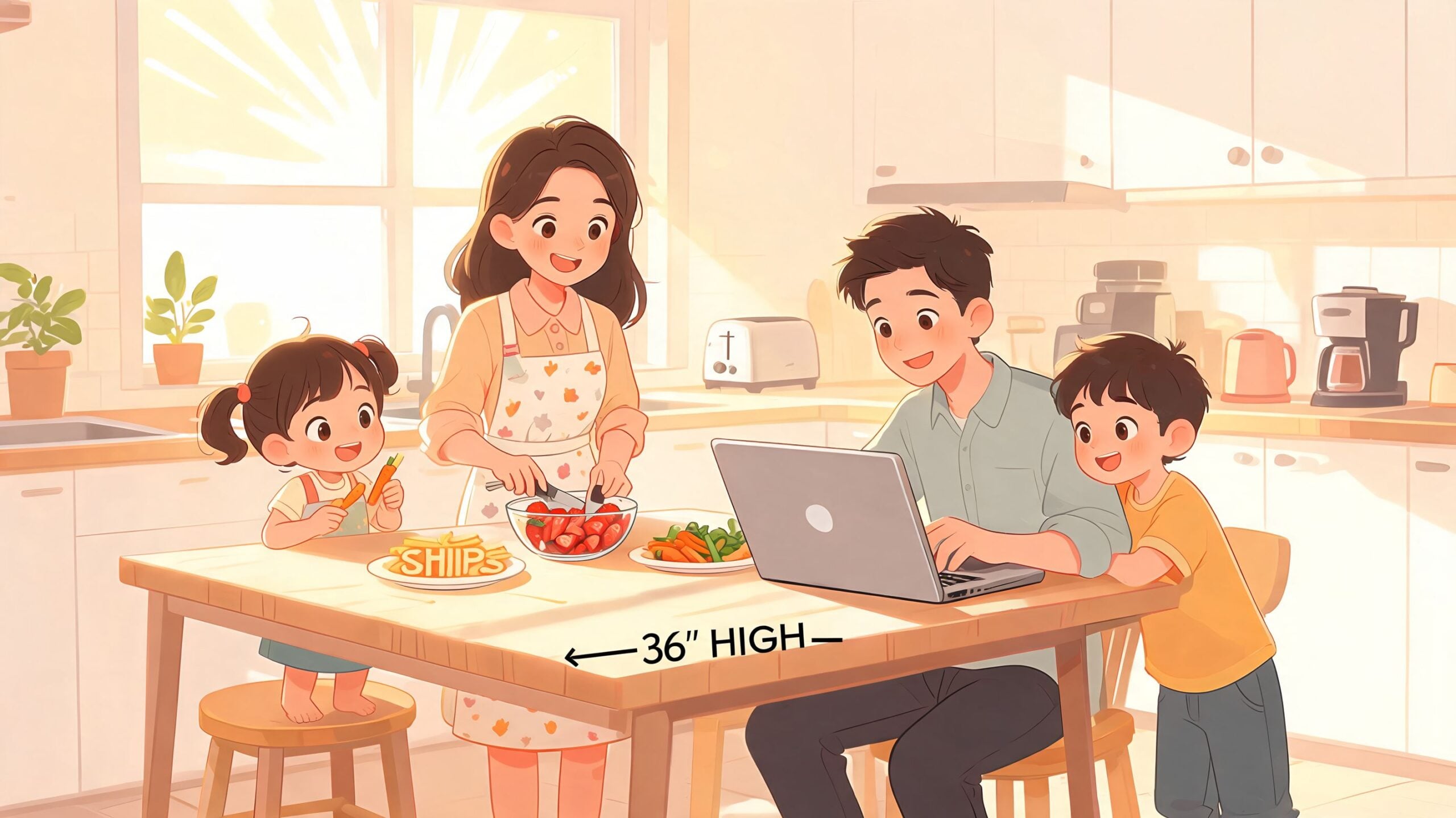 A happy family enjoys time together at a 36-inch high kitchen table while preparing and eating food.