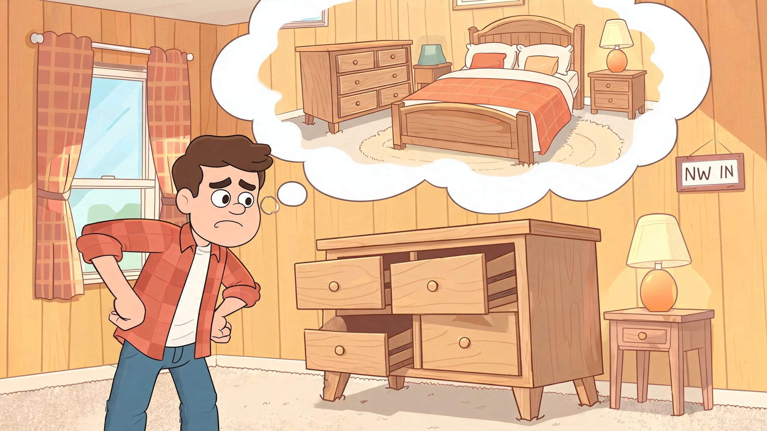 A confused young man looking at a wooden dresser, dreaming about a matching bedroom furniture set.