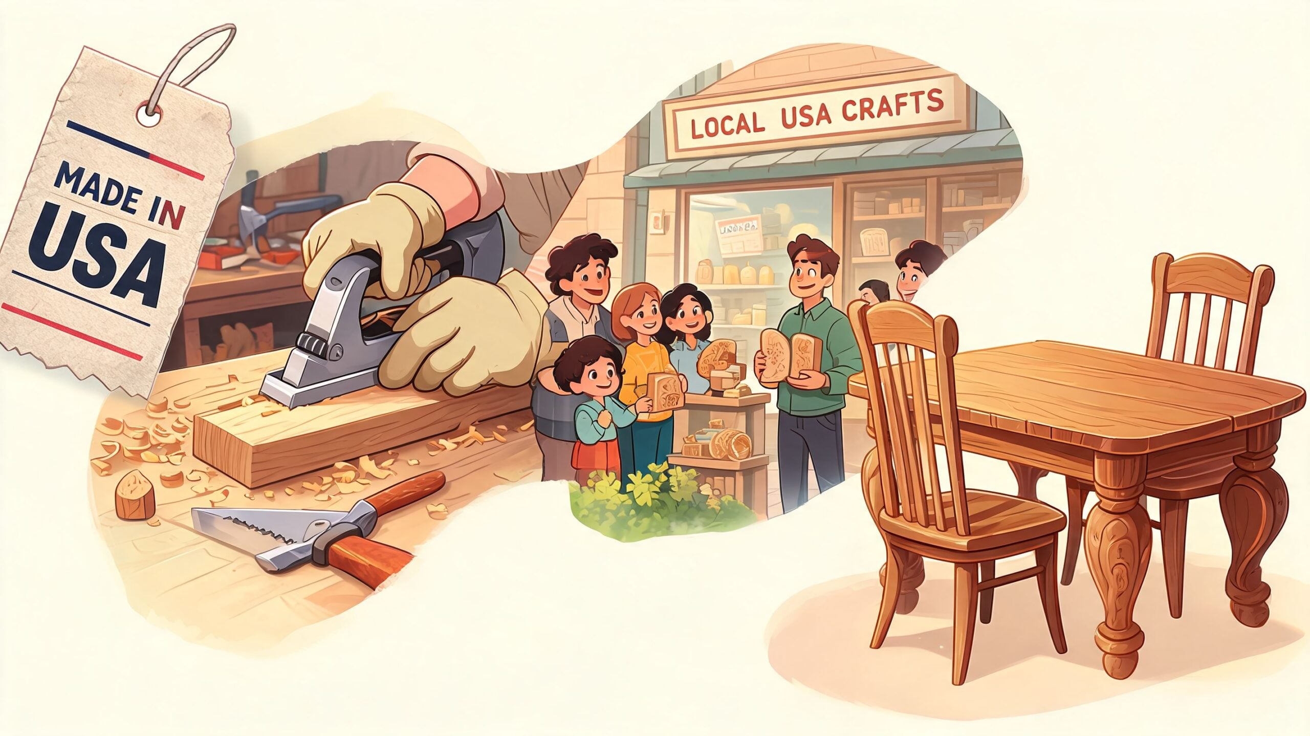 A craftsman working on wood, a craft shop scene, and a wooden table representing American made furniture.