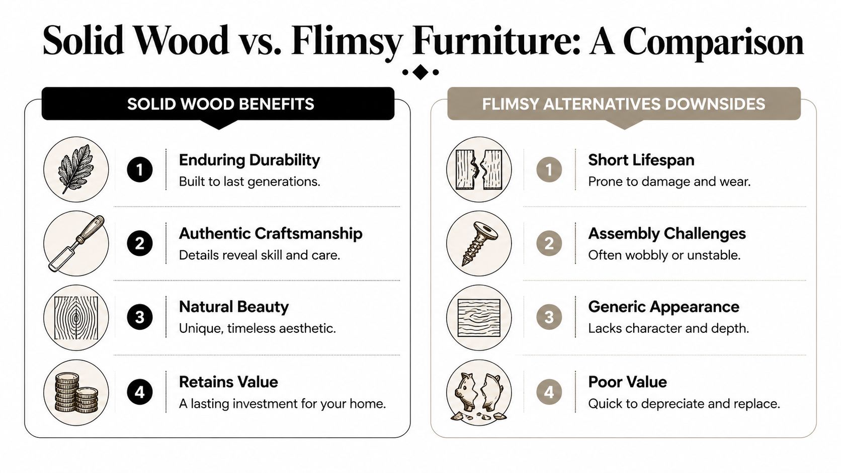 A comparison infographic showing the benefits of solid wood furniture versus the downsides of flimsy alternatives.