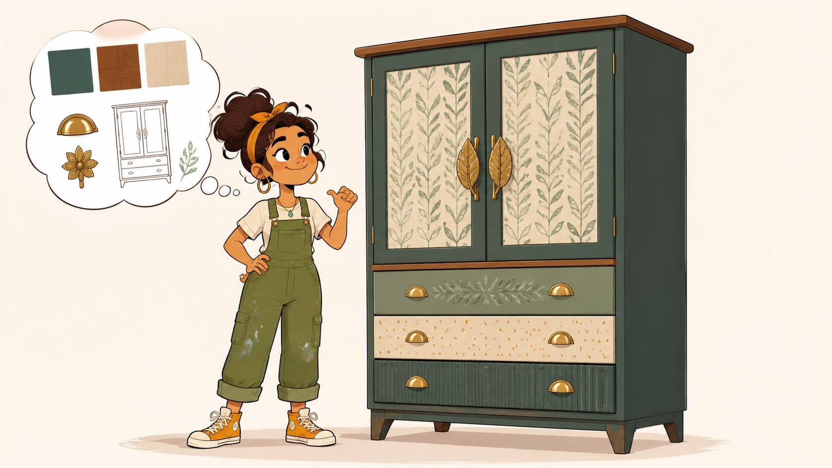 An animated woman standing next to a custom-painted armoire dresser combination featuring decorative leaf-shaped hardware.