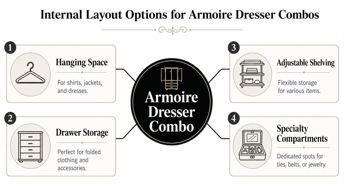 A diagram illustrating four different internal storage layout options for an armoire dresser combination unit.