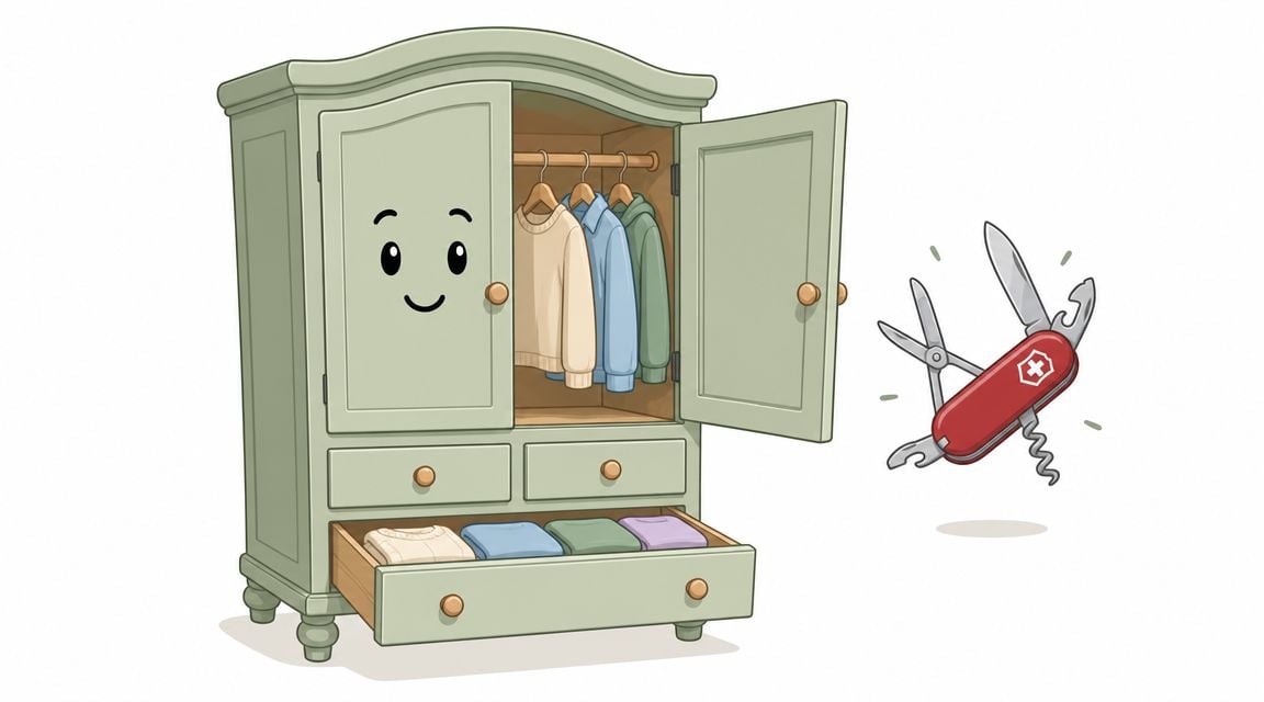 A cute anthropomorphic green armoire dresser combination standing next to a Swiss army knife illustration.