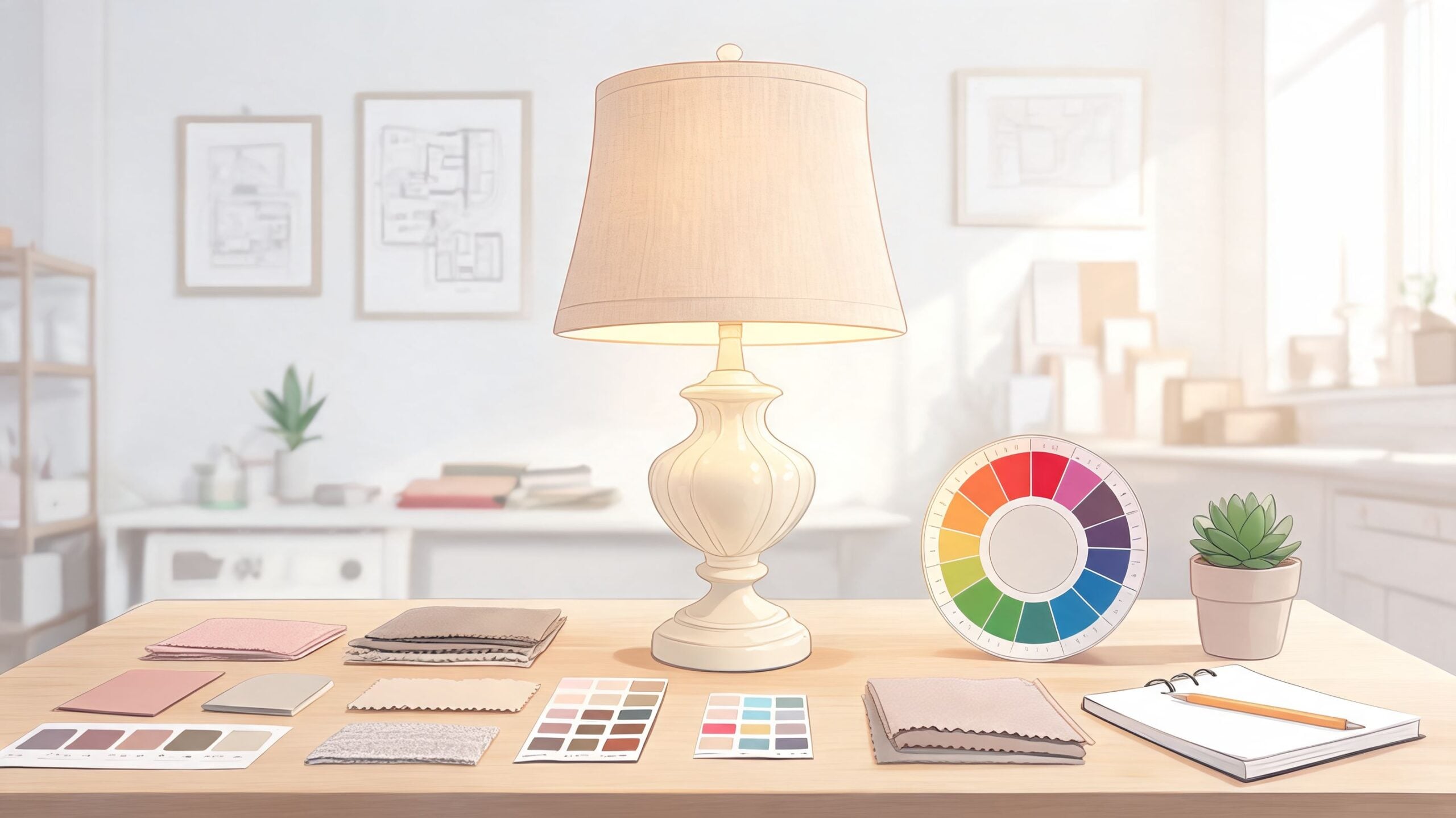 A designer's desk featuring an elegant Ashley table lamp, fabric swatches, a color wheel, and a notepad.