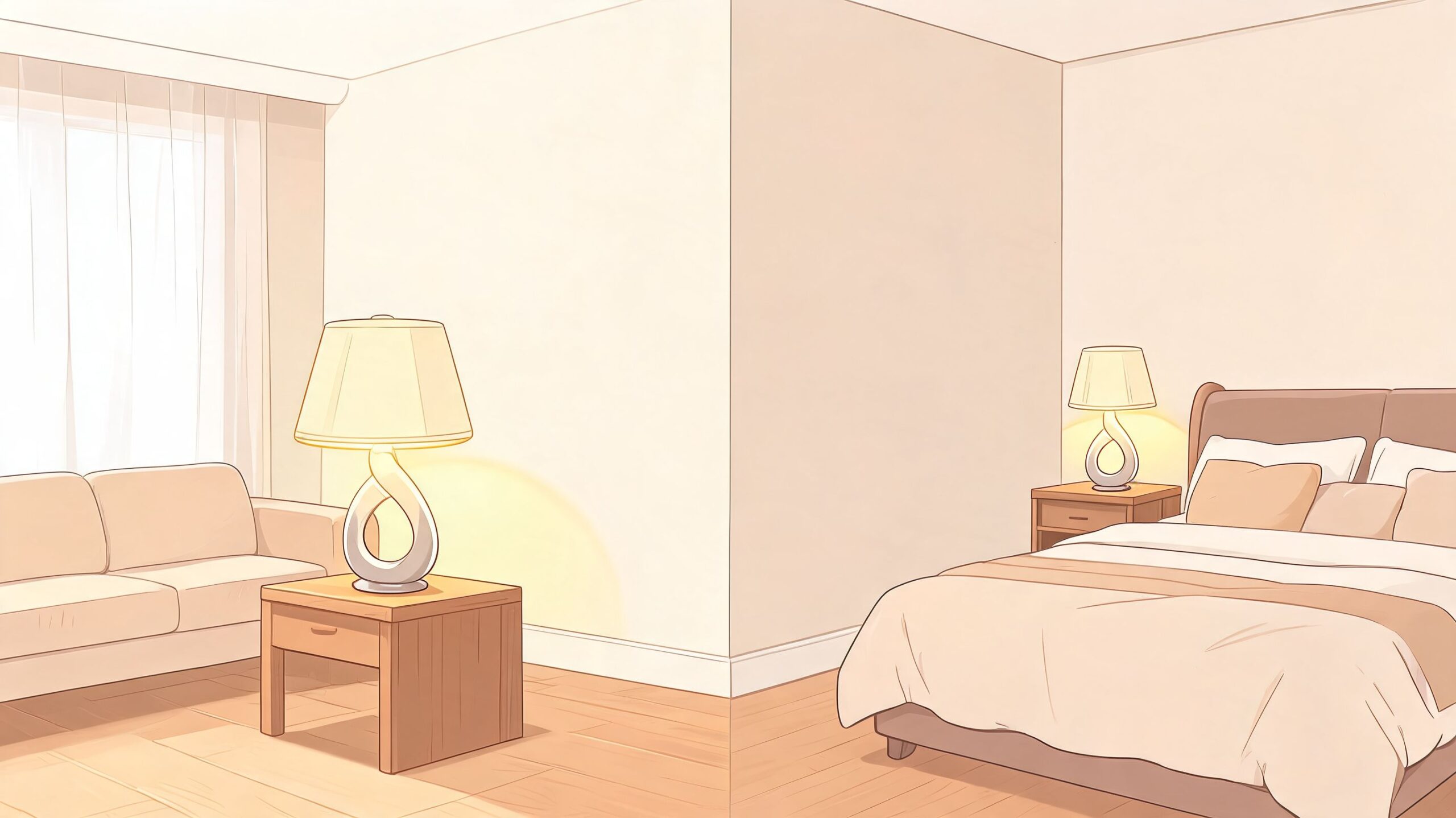 A minimalist room featuring an elegant Ashley table lamp beside a couch and a bed.