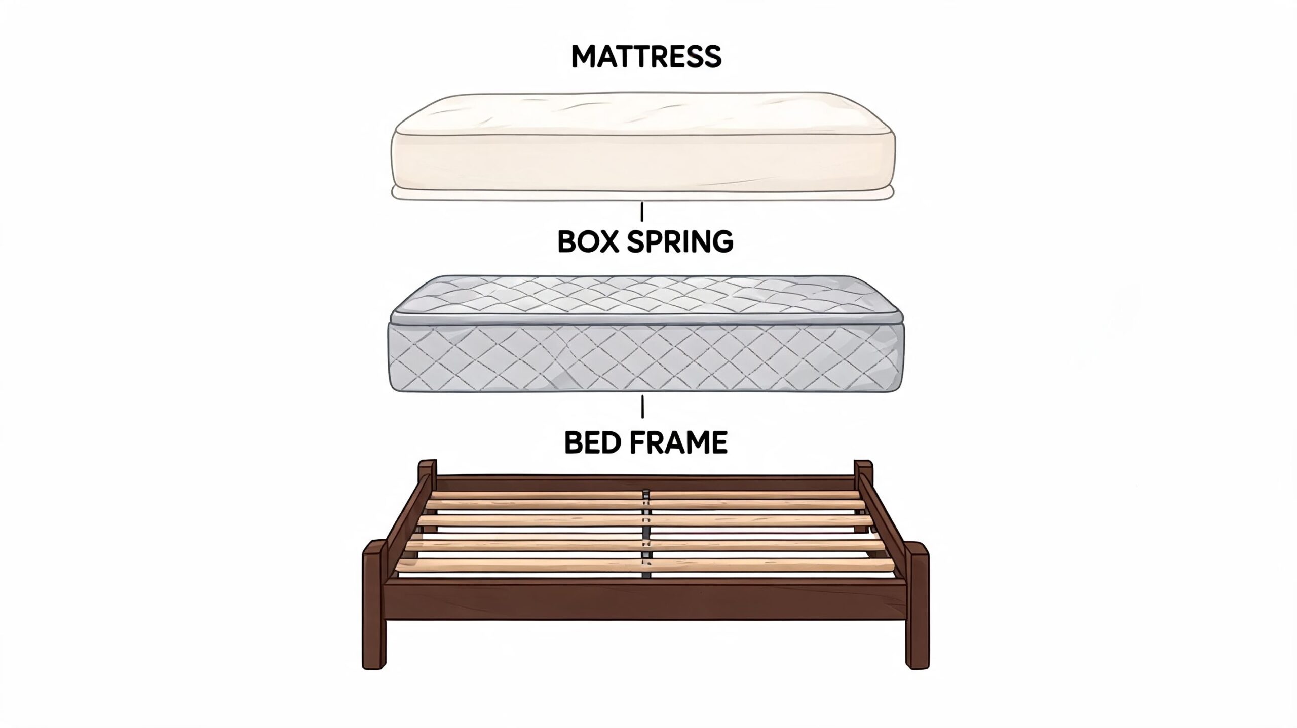 An illustration showing the three layers of a bed: a mattress, a box spring, and a bed frame.