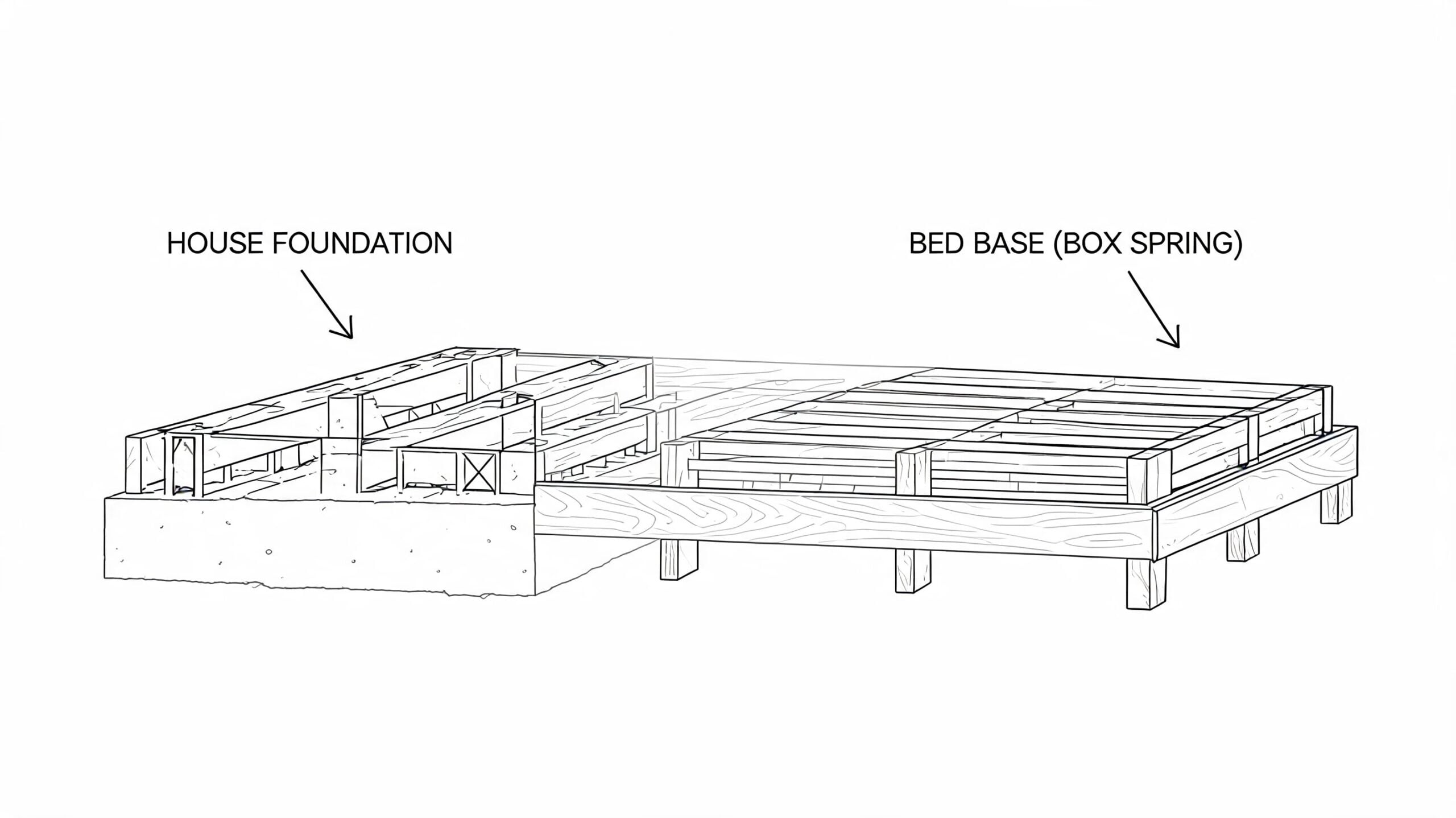 A diagram comparing a wooden house foundation construction to a simple wooden bed base box spring structure.