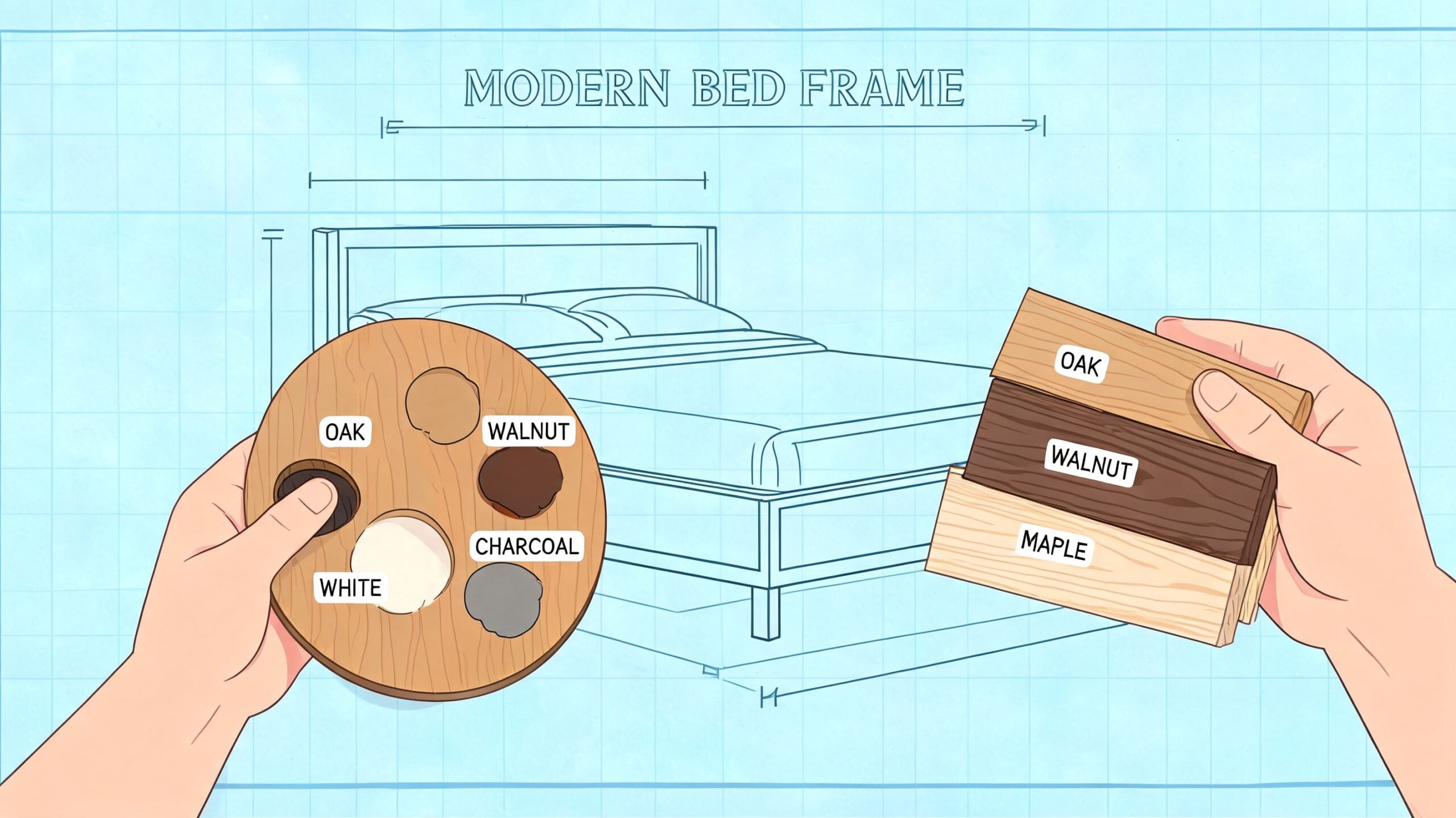 Hands holding a wooden palette and wood samples for choosing materials for a custom modern bed frame.