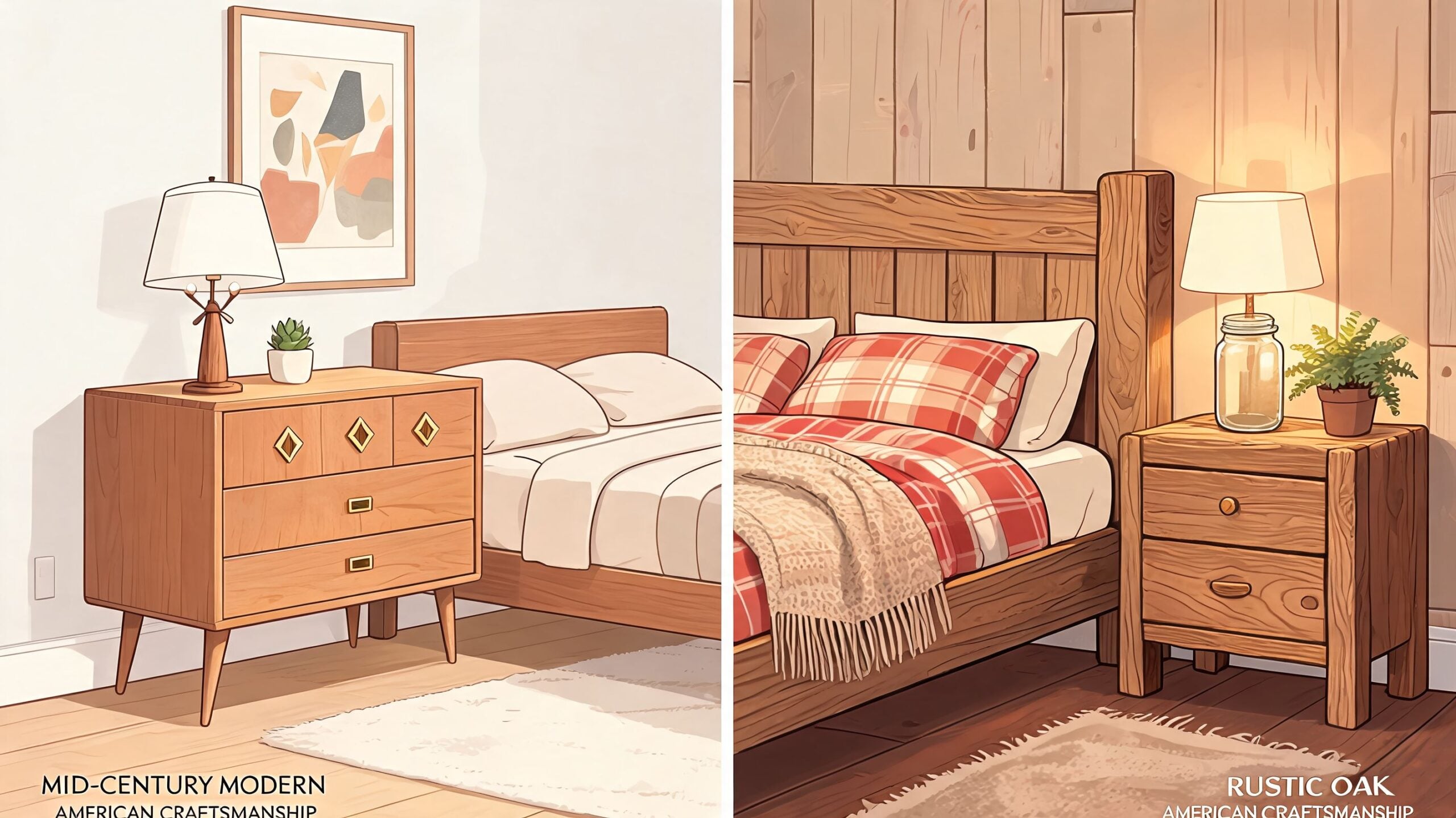 A split-screen comparison showing a mid-century modern bedroom set versus a rustic oak bedroom furniture collection.