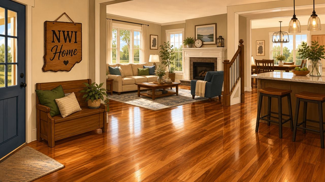 A warm and inviting open-concept home interior featuring polished hardwood floors and comfortable living room furniture.