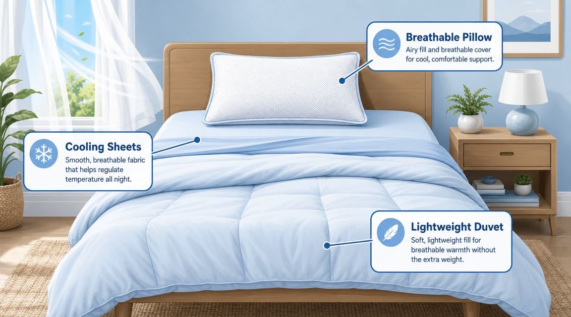 A neatly made bed with a white pillow, light blue sheets, and a cozy matching duvet.