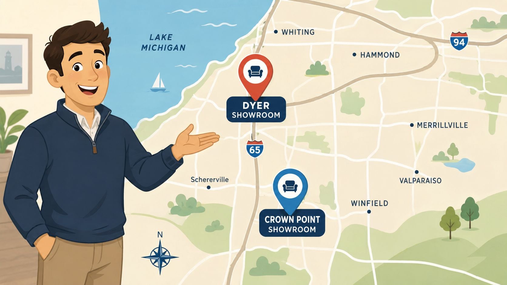 A friendly man gesturing towards a map showing Dyer and Crown Point showroom locations in Indiana.