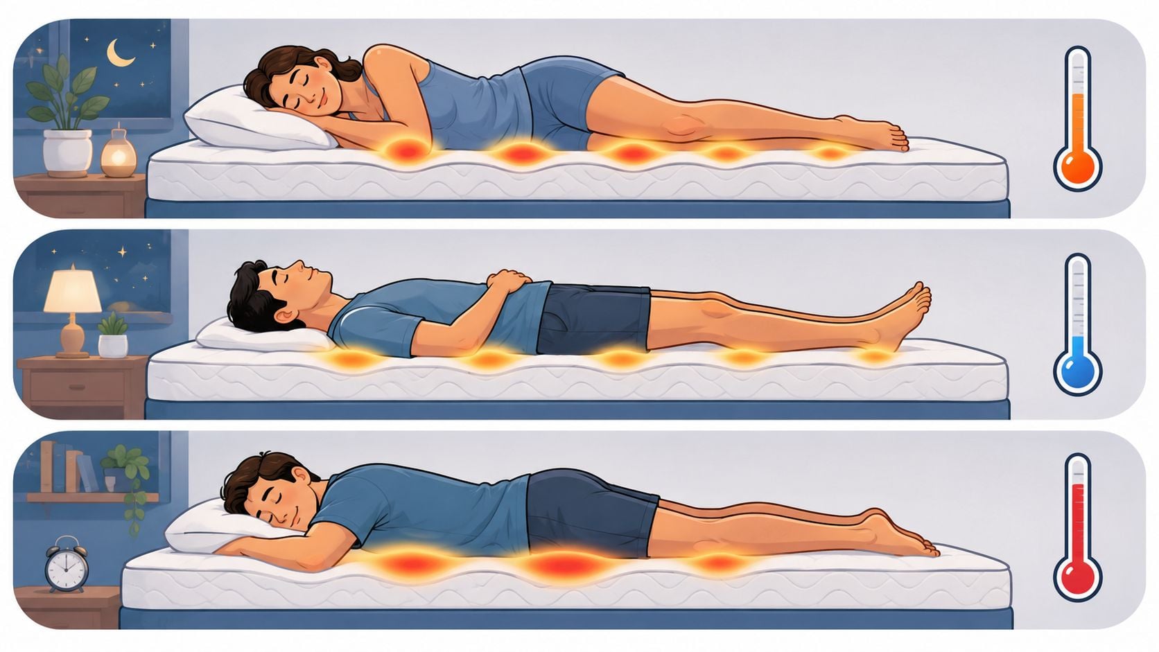 A diagram comparing heat distribution on a mattress for different sleeping positions and temperature settings.