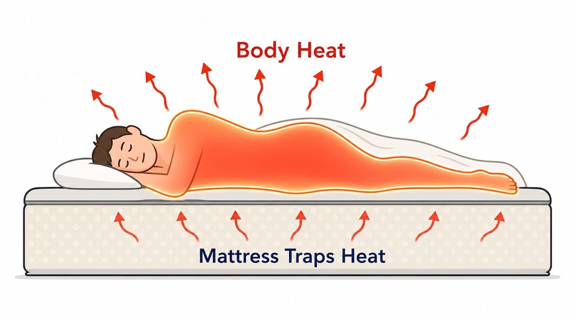 A diagram showing a person sleeping on a mattress, illustrating how the mattress traps body heat.