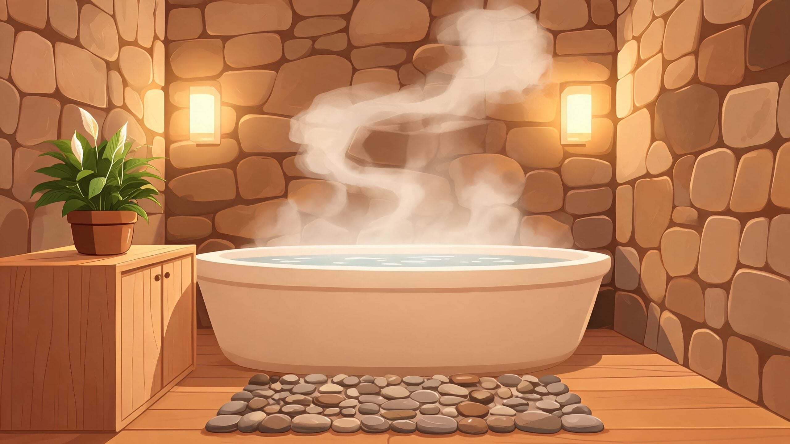 A luxurious bathroom featuring a steaming white bathtub, stone walls, and a potted plant on wooden cabinetry.