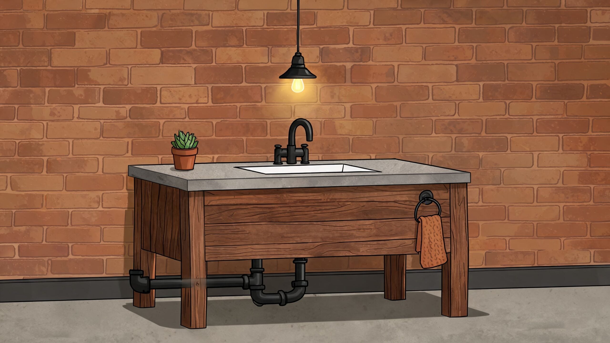 A rustic industrial vanity featuring a concrete countertop, wooden base, and visible black plumbing pipes.