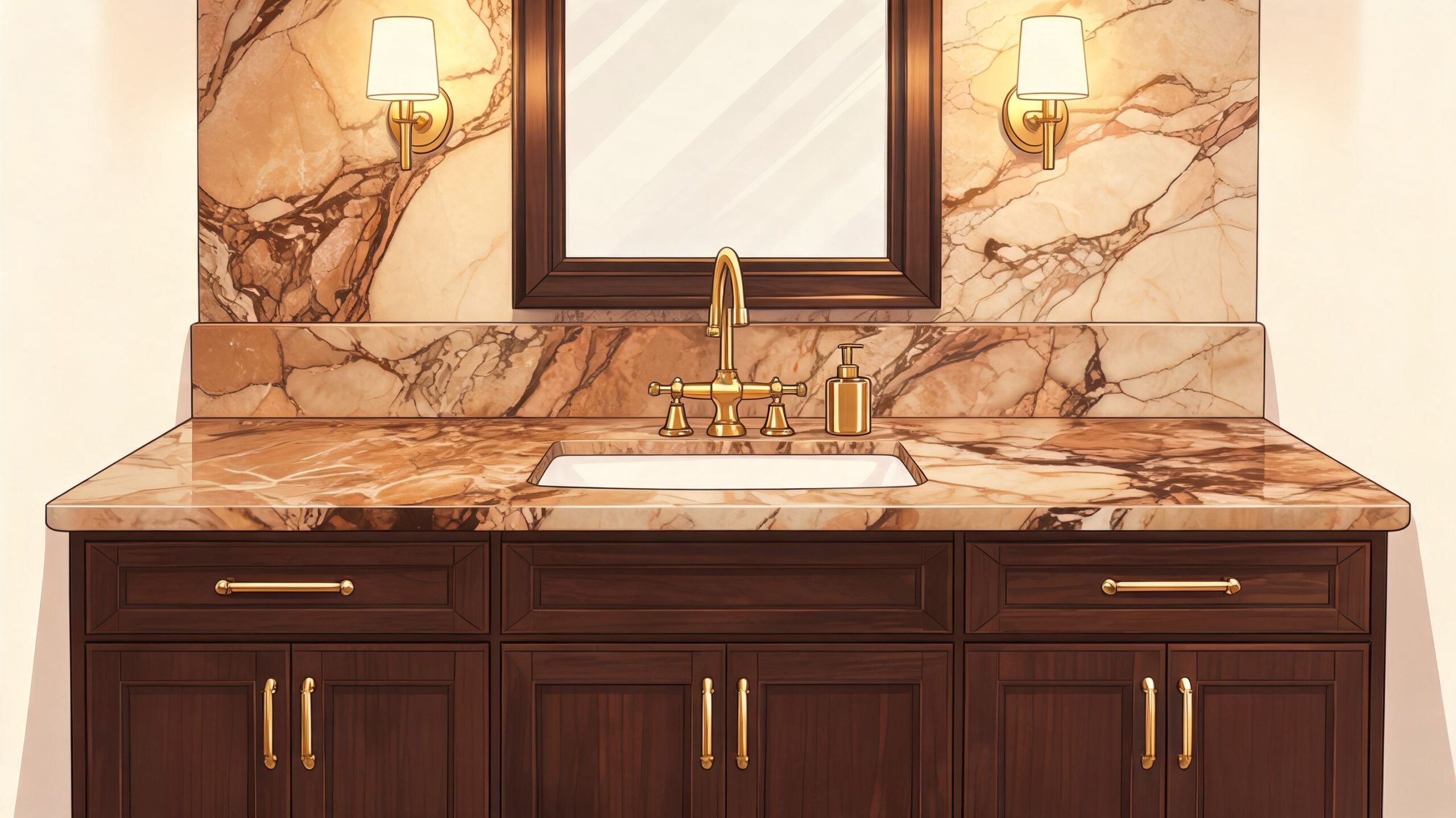 A luxurious bathroom vanity featuring dark wood cabinets, a marble countertop, gold hardware, and elegant wall lighting.