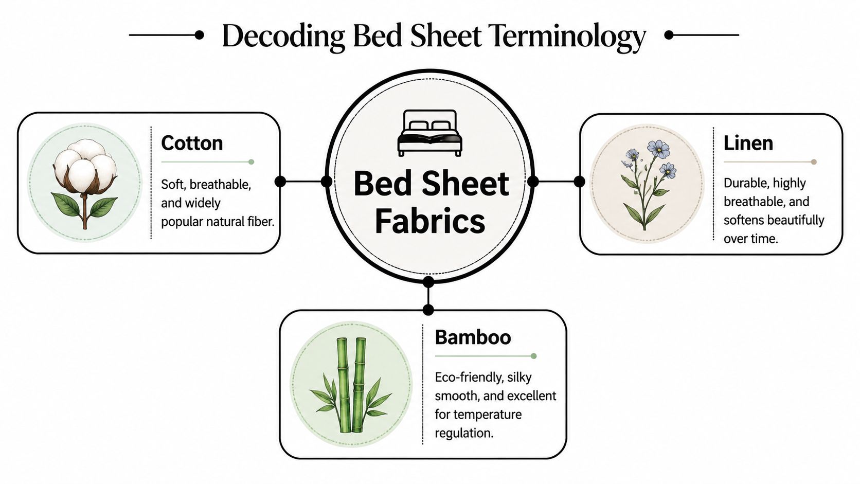 An infographic titled Decoding Bed Sheet Terminology comparing the properties of cotton, linen, and bamboo fabric.
