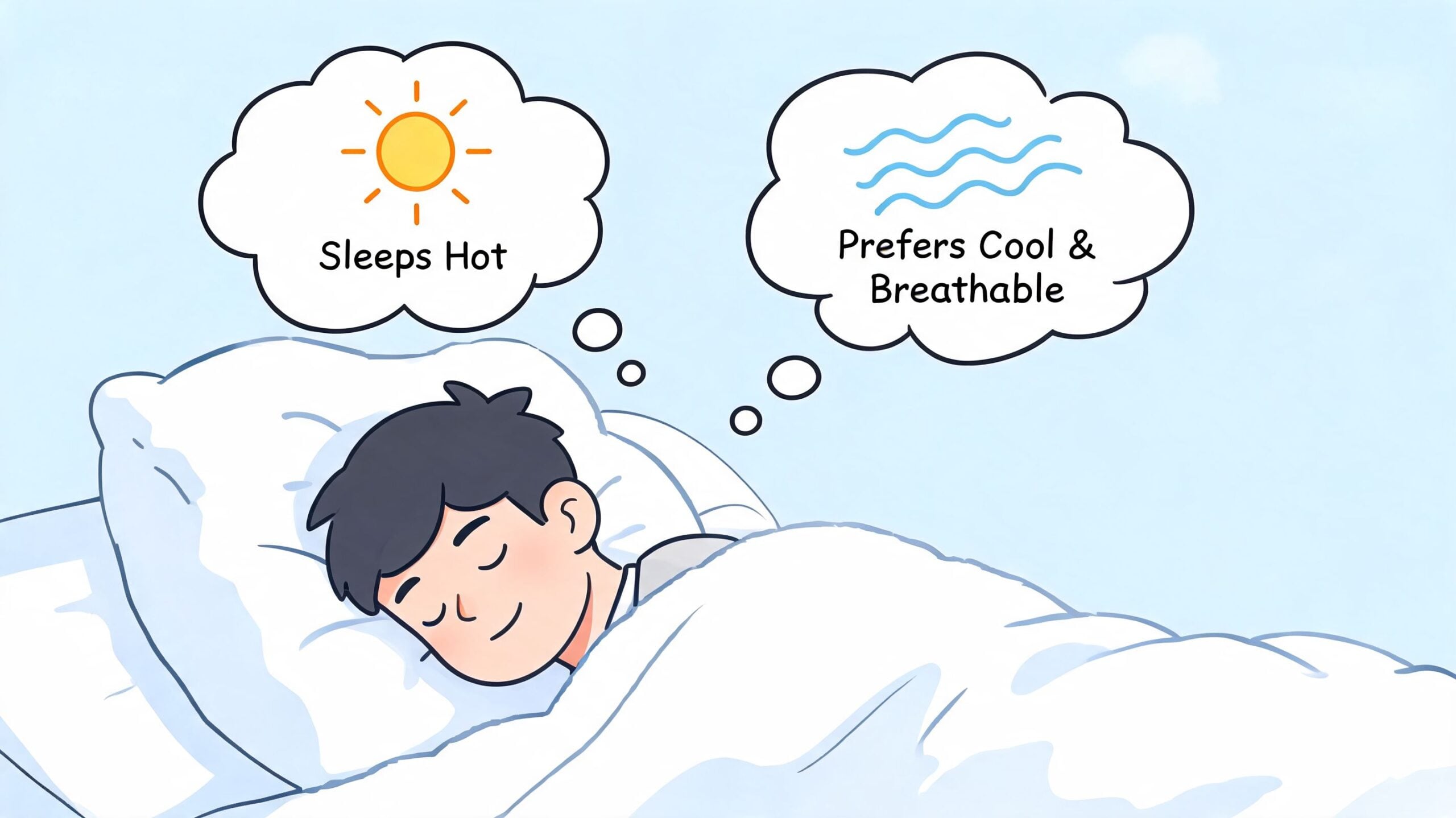 An illustration of a person sleeping under a blanket, thinking about staying cool and sleeping hot.